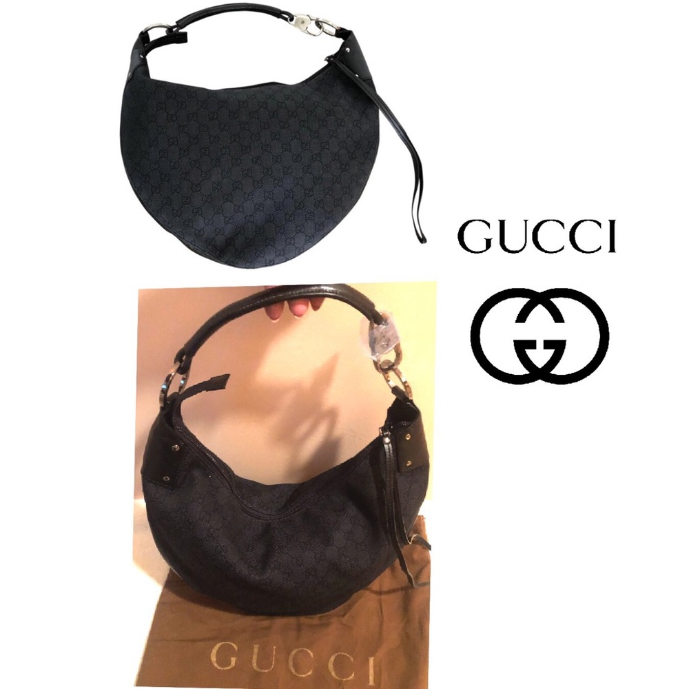 Gucci Blk Denim Monogram Large Half Moon Hobo bag
